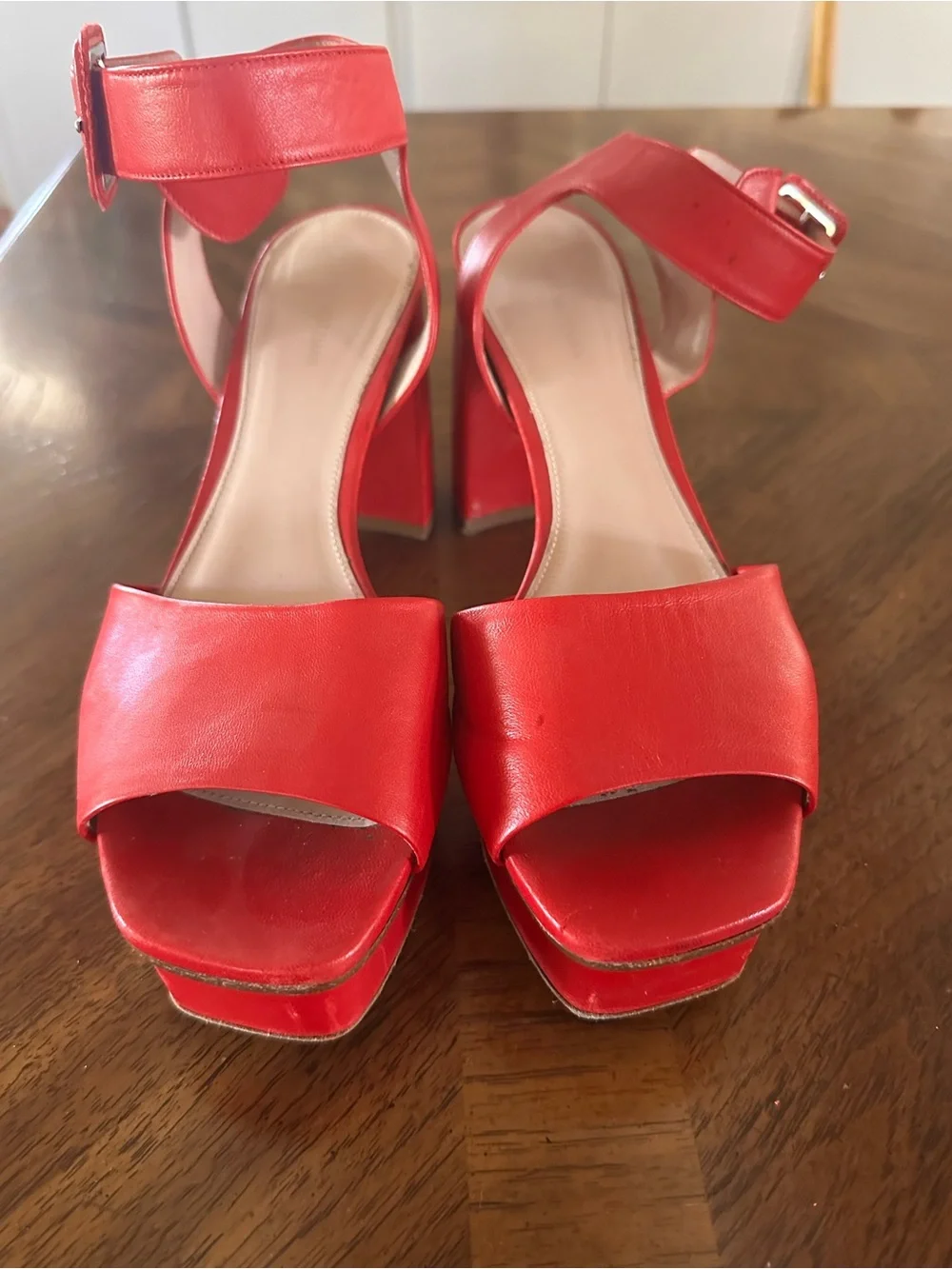 Stuart Weitzman Red Women's Block Heel Sandals with Ankle Buckle Size 9/9.5